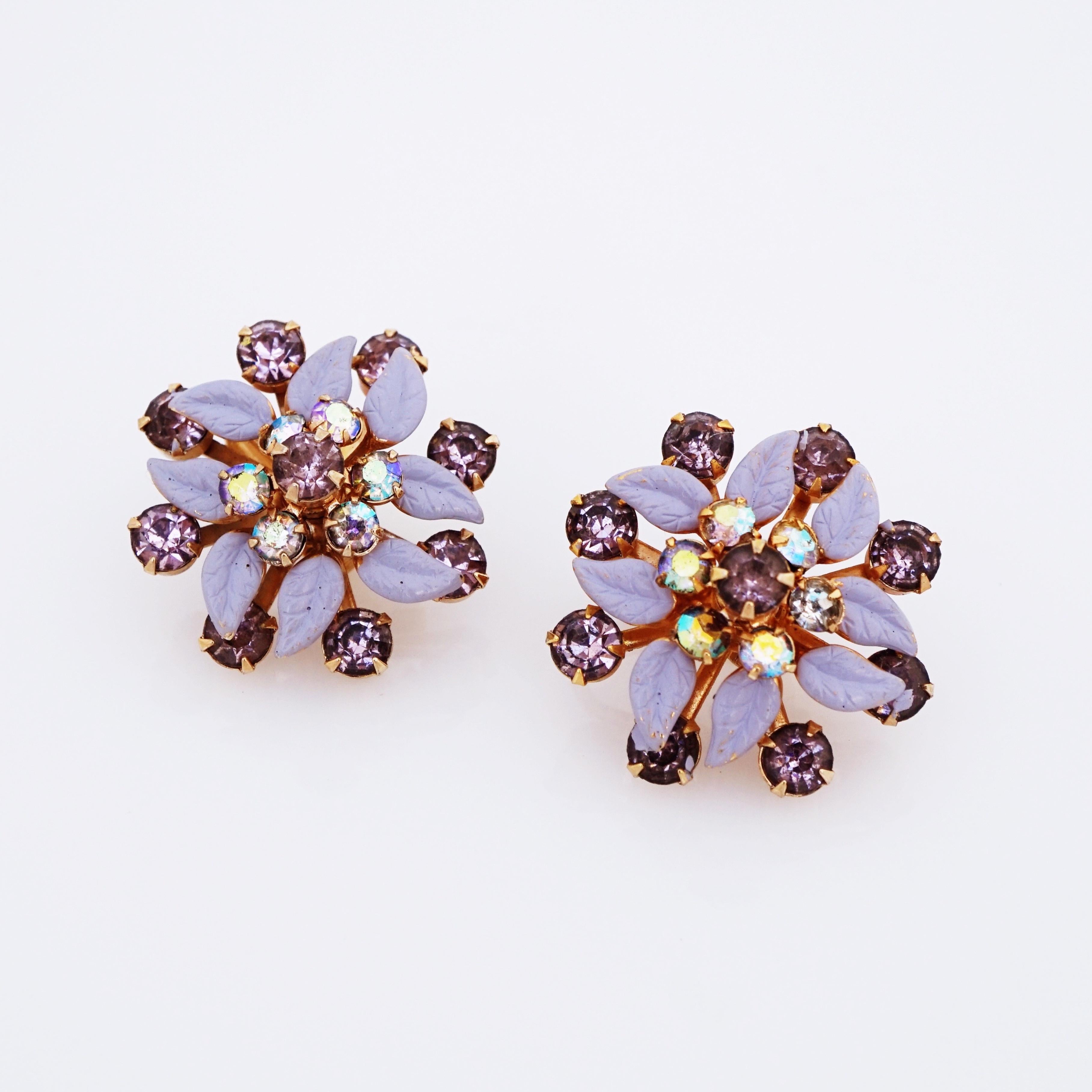 Modern Lilac Enamel Leaves With Aurora Borealis Rhinestone Cluster Earrings, 1950s