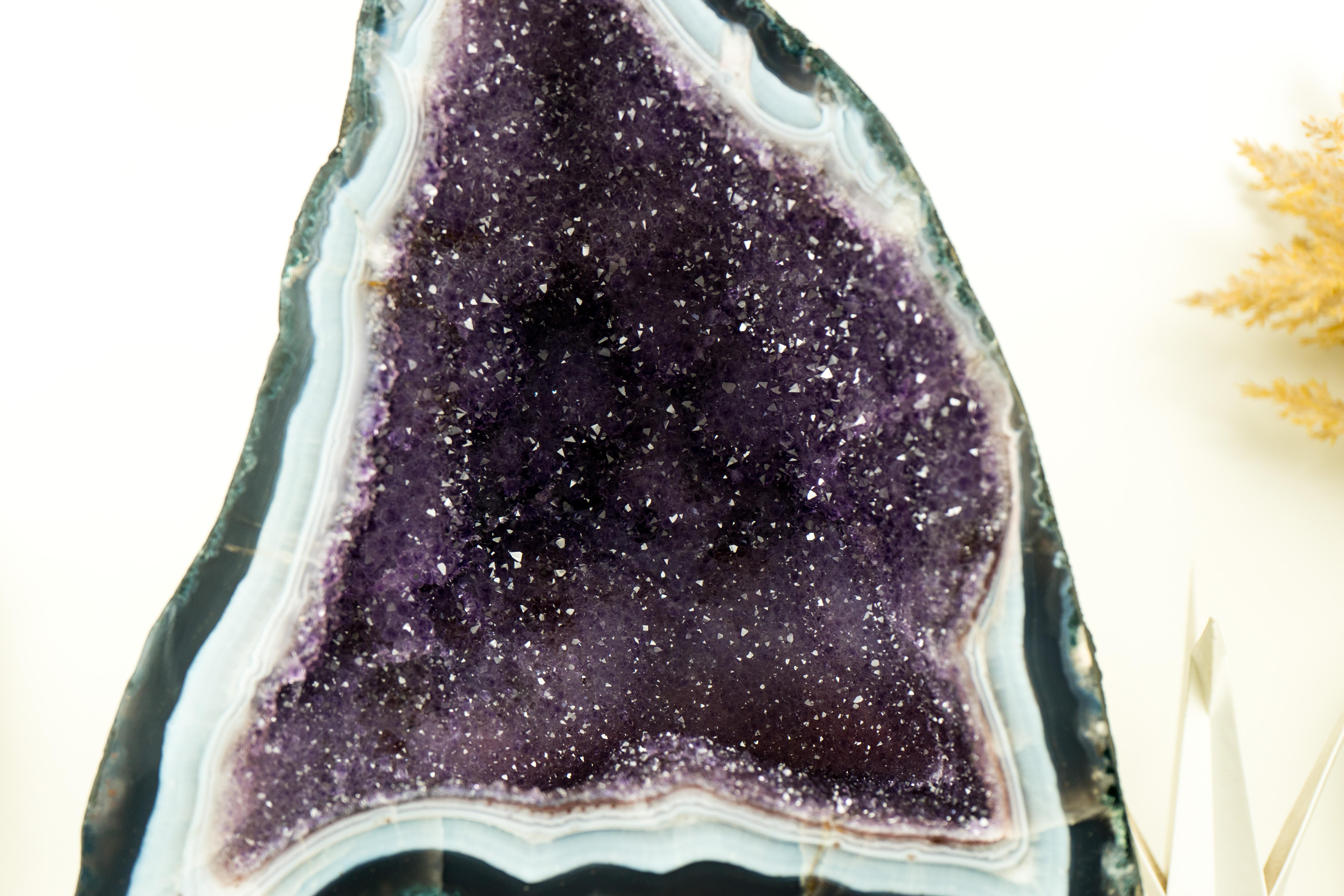 Brazilian Lilac Galaxy Amethyst Crystal Geode on Blue and White Lace Matrix For Sale