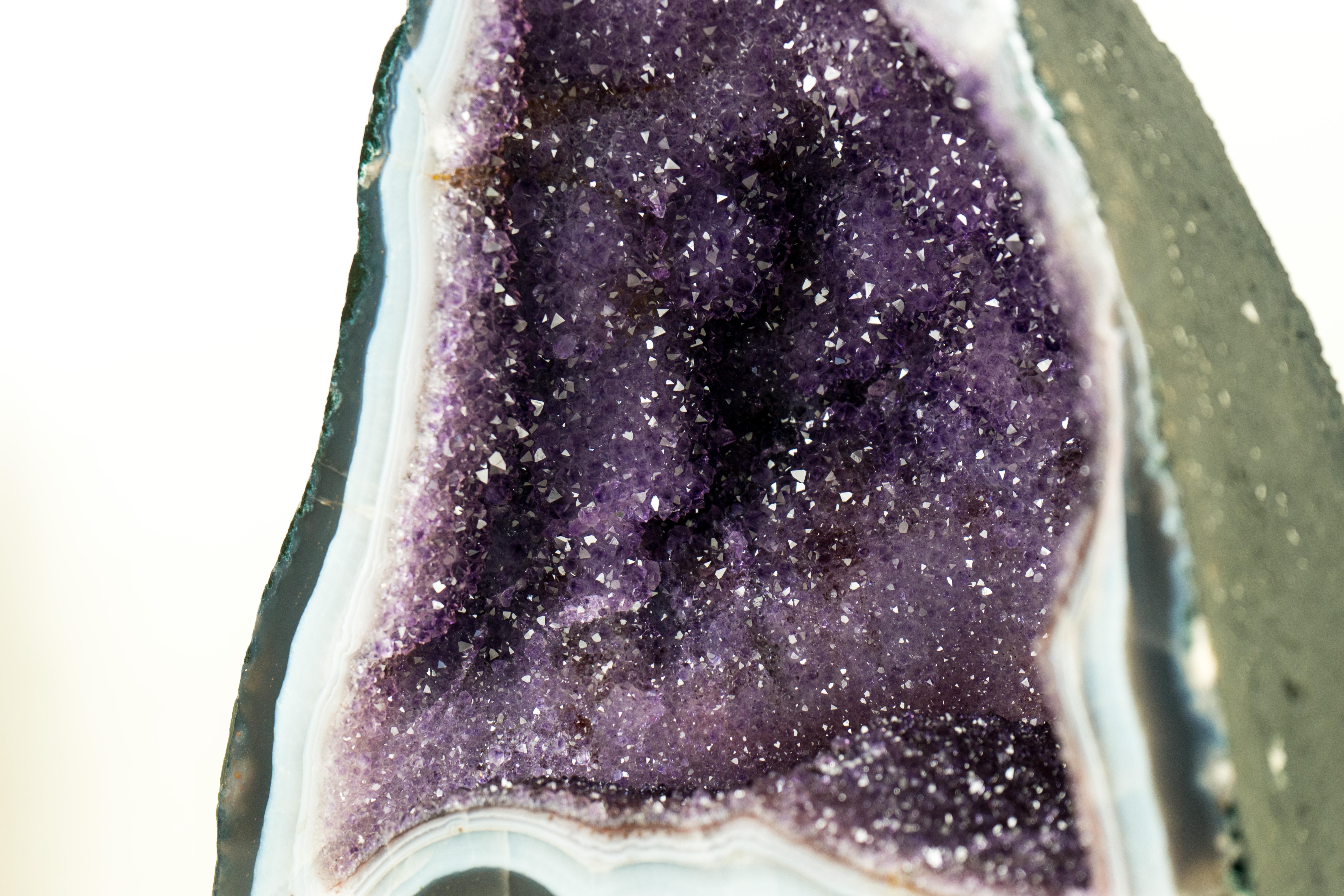 Contemporary Lilac Galaxy Amethyst Crystal Geode on Blue and White Lace Matrix For Sale