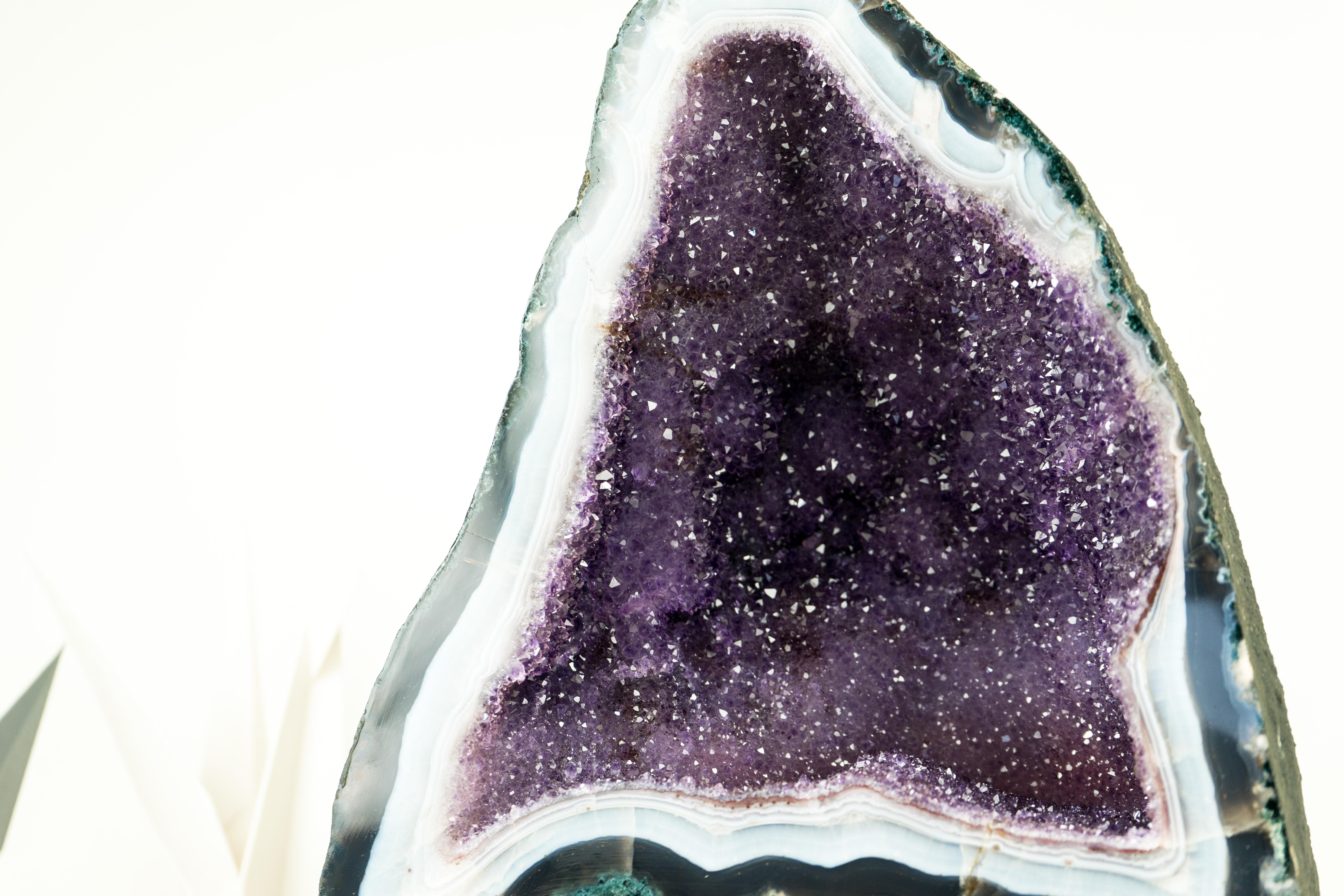 Lilac Galaxy Amethyst Crystal Geode on Blue and White Lace Matrix For Sale 1