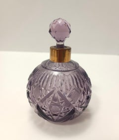 Lilac Hand Cut Crystal Glass And Brass Parfume Bottle, Italy