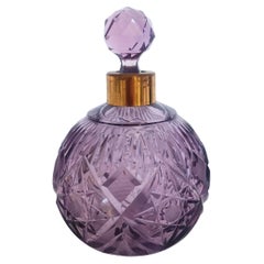 Lilac Hand Cut Crystal Glass And Brass Parfume Bottle, Italy