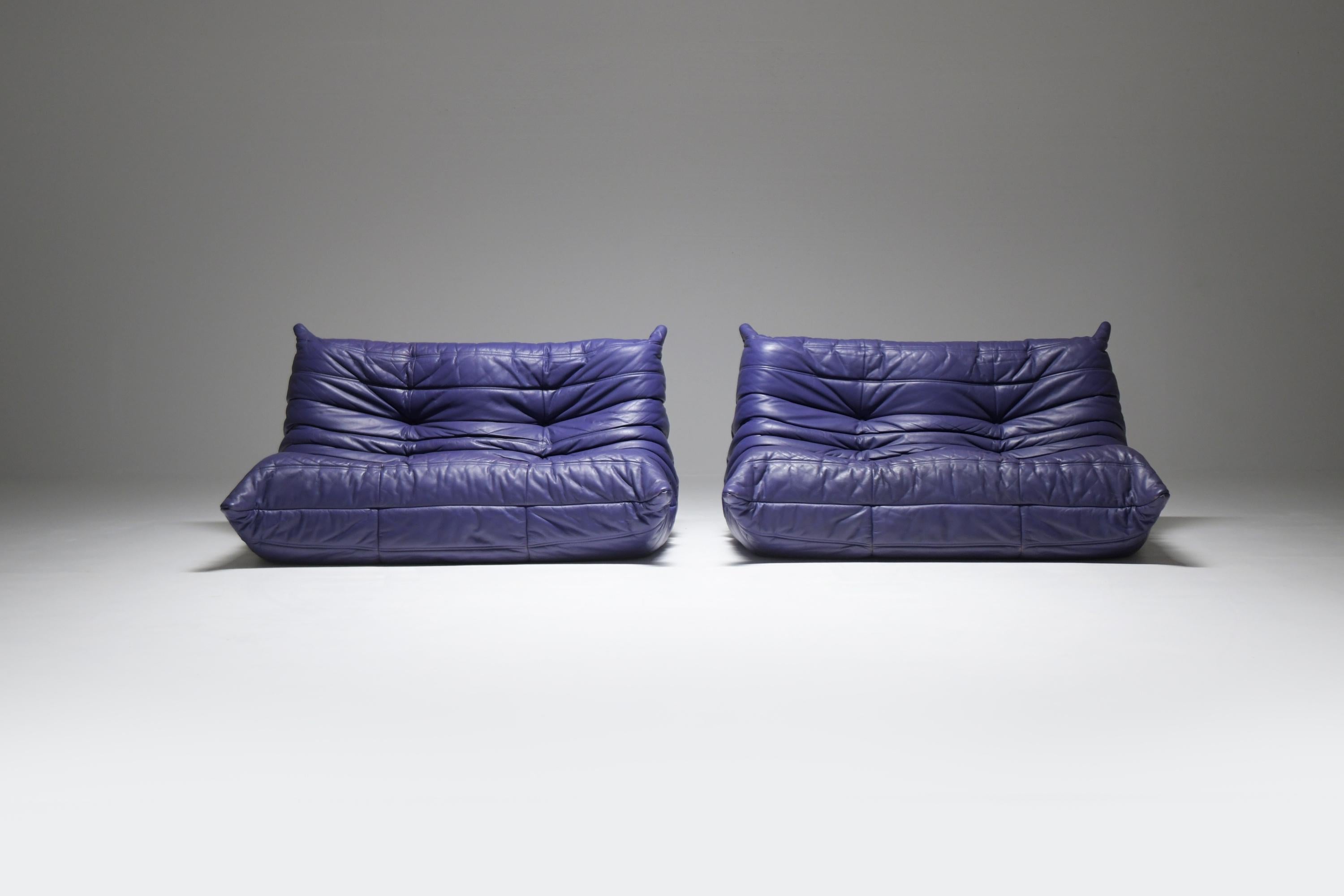 20th Century Lilac leather Togo set by Michel Ducaroy for Ligne Roset France