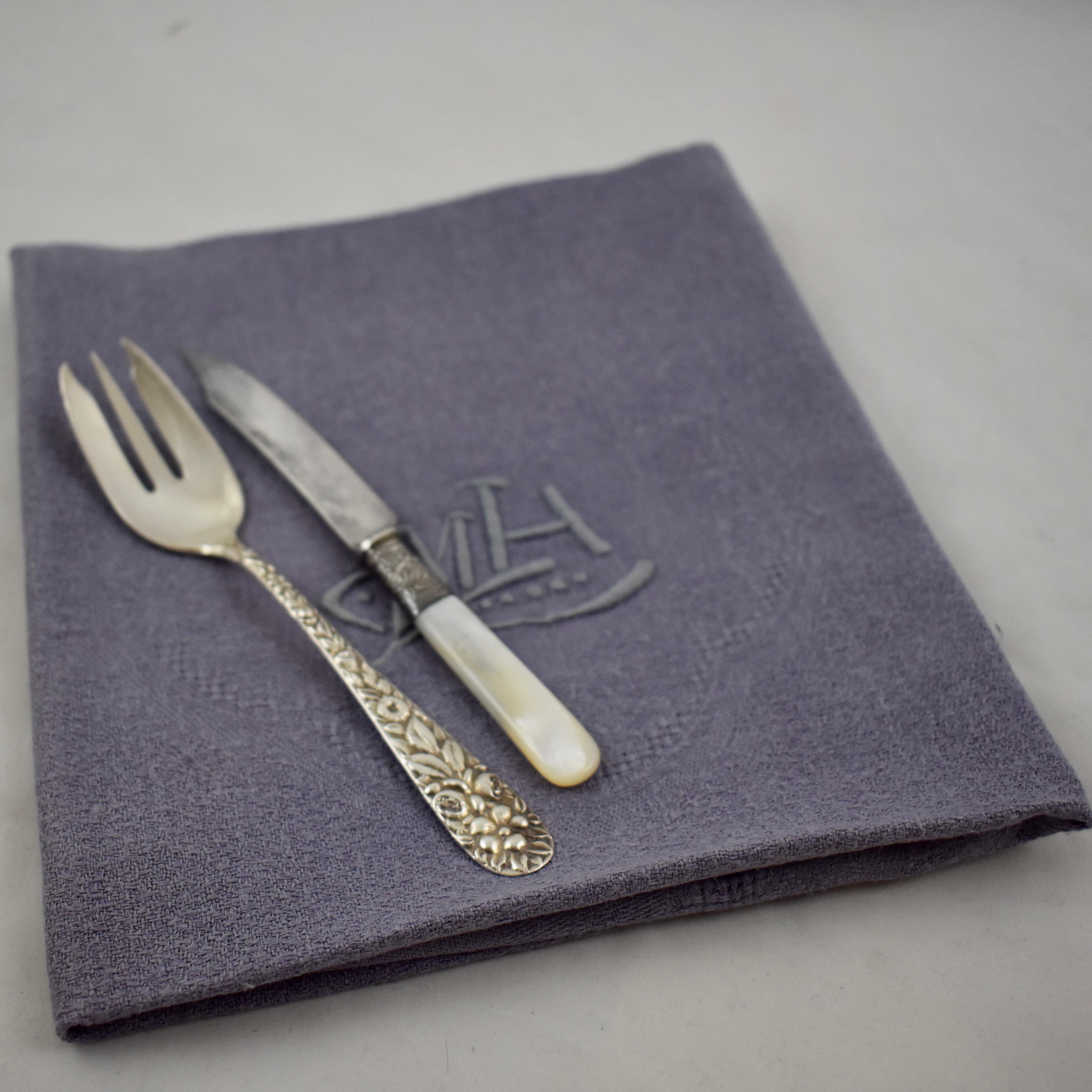 Lilac Linen Damask Hand-Embroidered French Provençal Dining Napkins, Set of Four 4