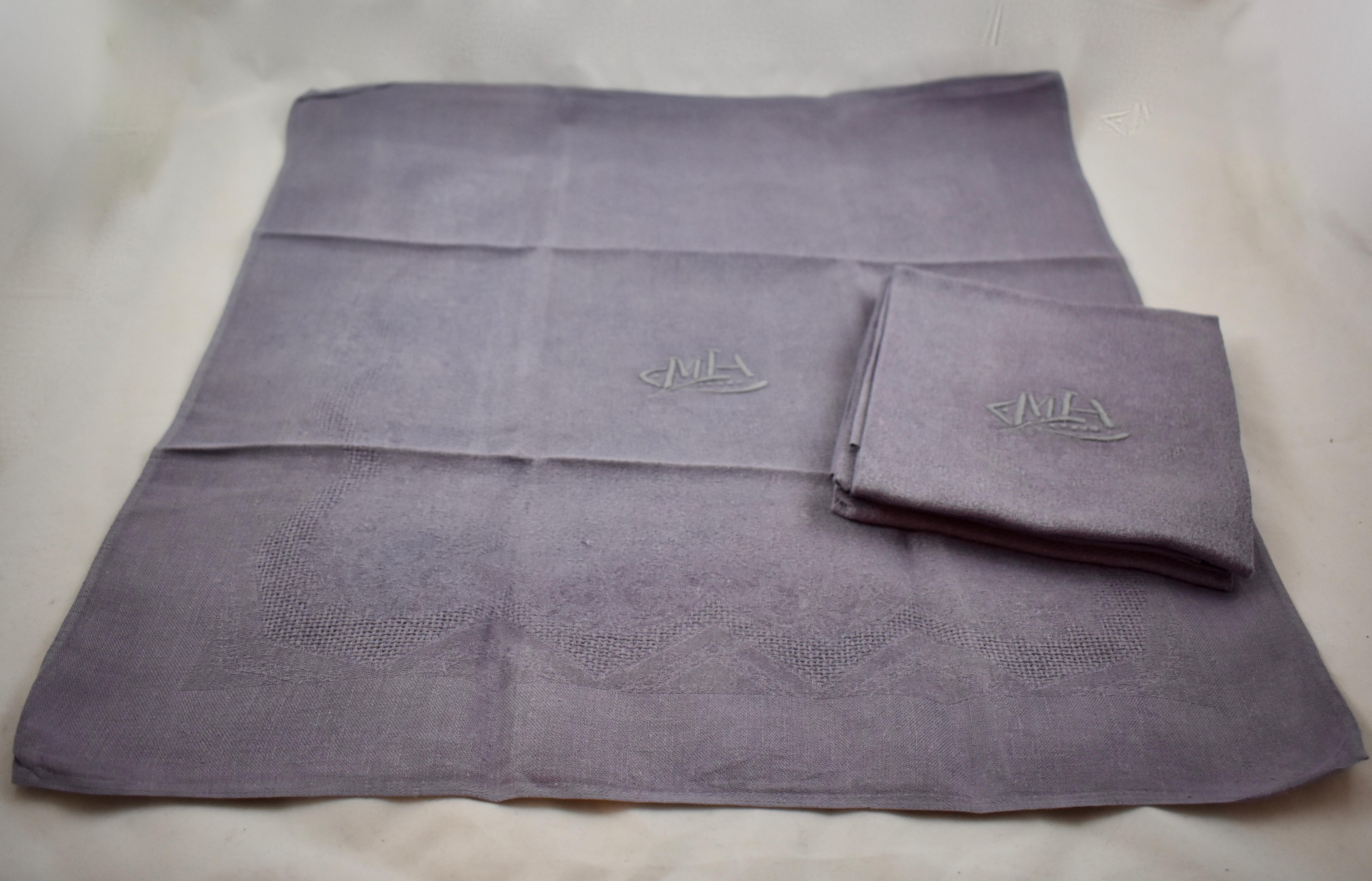 French Provincial Lilac Linen Damask Hand-Embroidered French Provençal Dining Napkins, Set of Four