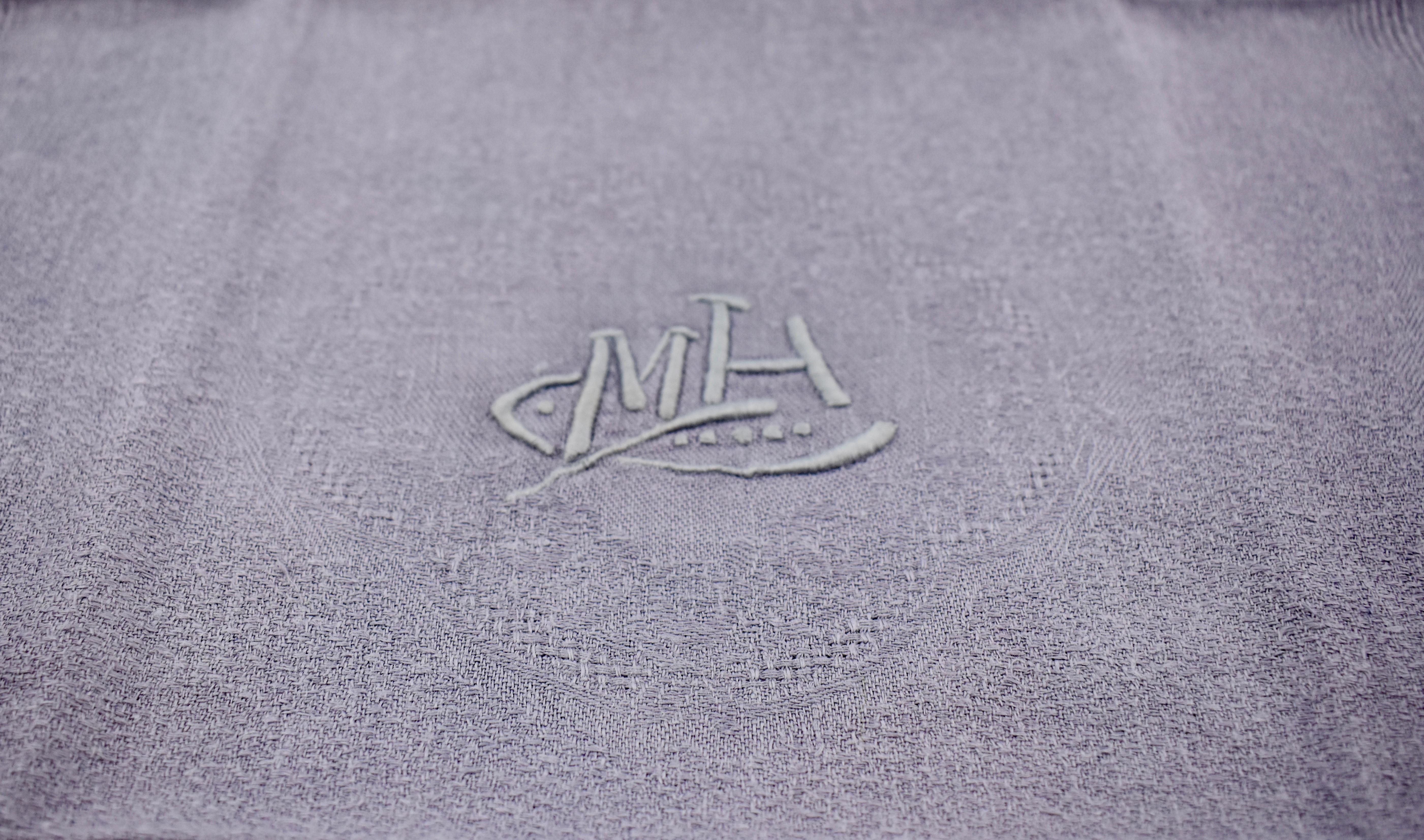 19th Century Lilac Linen Damask Hand-Embroidered French Provençal Dining Napkins, Set of Four