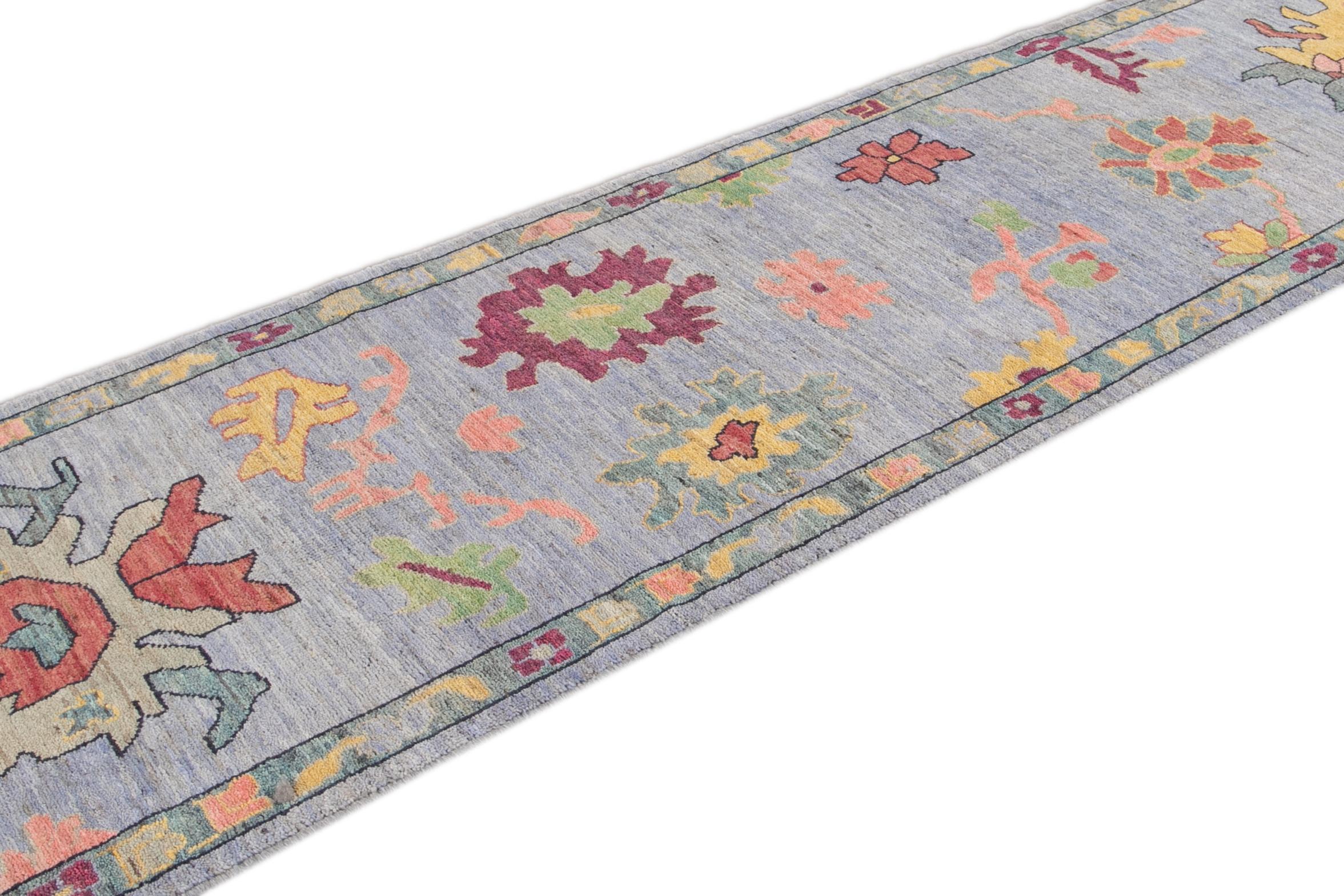 Contemporary Lilac Modern Oushak-Style Handmade Floral Wool Runner For Sale
