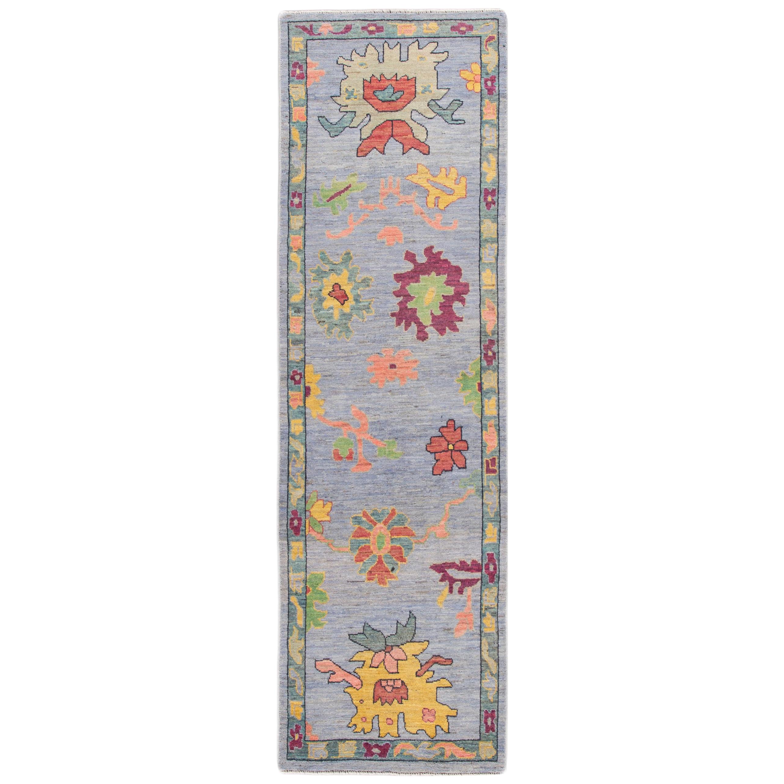 Lilac Modern Oushak-Style Handmade Floral Wool Runner For Sale