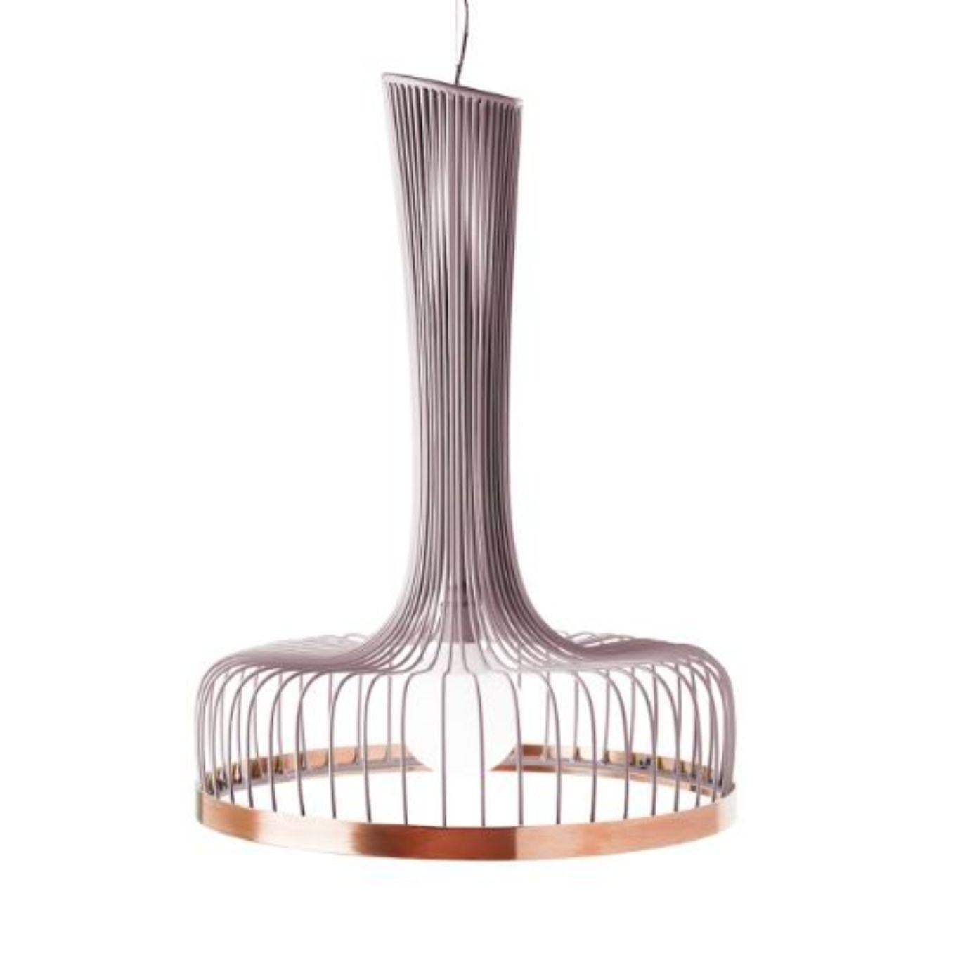 Lilac new spider I suspension lamp with copper ring by Dooq.
Dimensions: W 52 x D 52 x H 70 cm.
Materials: lacquered metal, polished or brushed metal, copper.
Also available in different colors and materials.

Information:
230V/50Hz
E27/1x20W