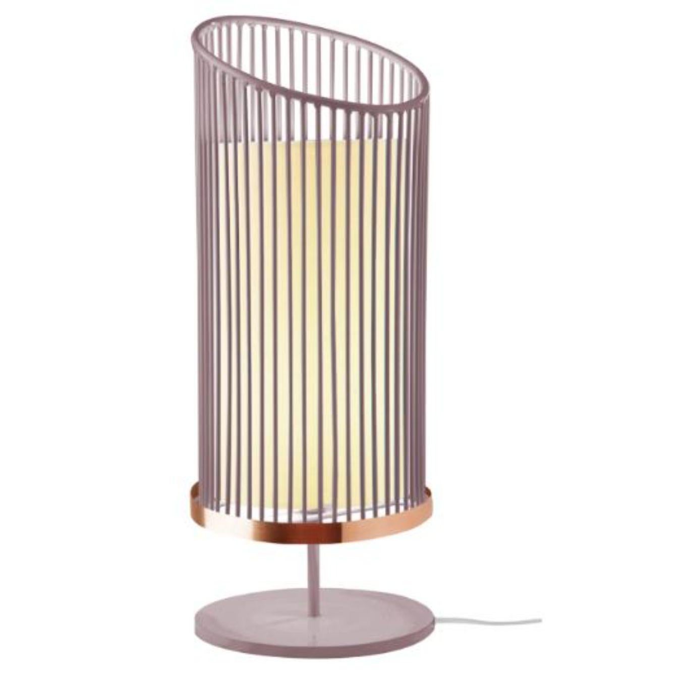 Lilac new spider table lamp with copper ring by Dooq.
Dimensions: W 24 x D 24 x H 60 cm.
Materials: lacquered metal, polished or brushed metal, copper.
Also available in different colors and materials.

Information:
230V/50Hz
E27/1x20W