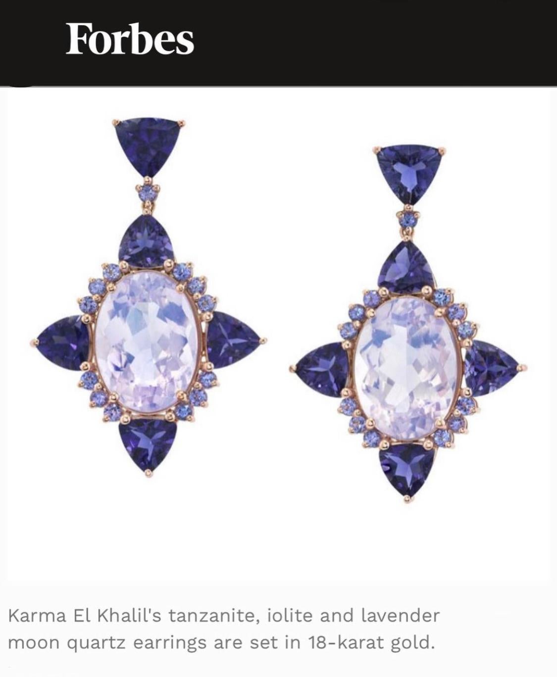 Die Lilac Nova Ohrringe von Karma El Khalil sind in leuchtenden Violett-, Indigo- und Lavendeltönen gehalten. Jeder Ohrring ist ein eleganter Wasserfall aus Lavendelquarz, Iolith und Tansanit, individuell geschliffenen trillionen, runden und ovalen