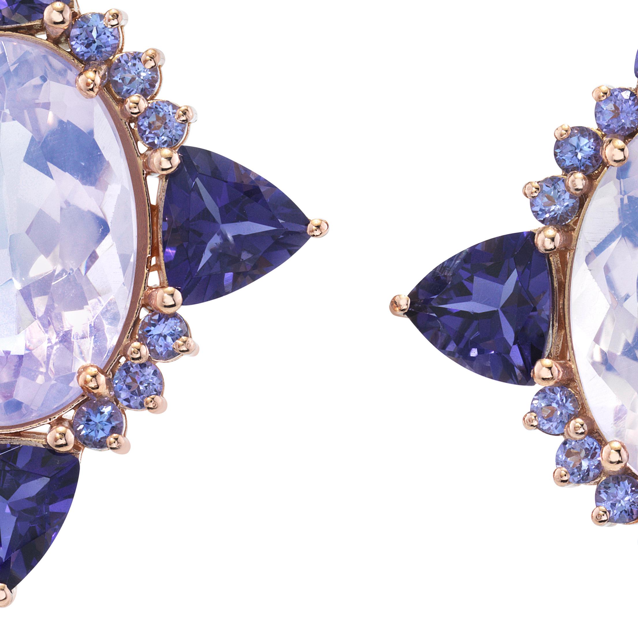 Lilac Nova Earrings Lavender Quartz, Iolite and Tanzanite in 18k Rose Gold In New Condition For Sale In New York, NY