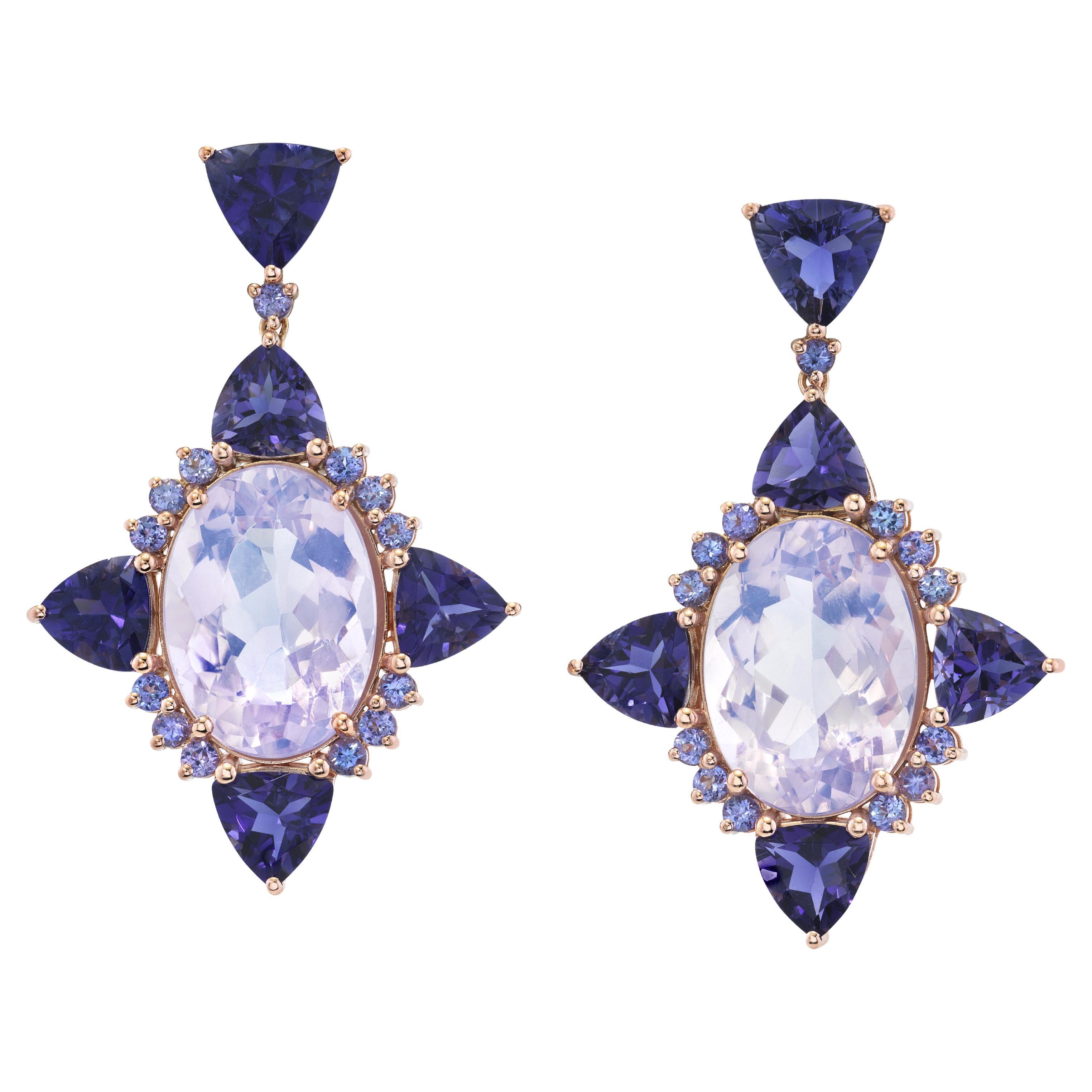 Lilac Nova Earrings Lavender Quartz, Iolite and Tanzanite in 18k Rose Gold For Sale