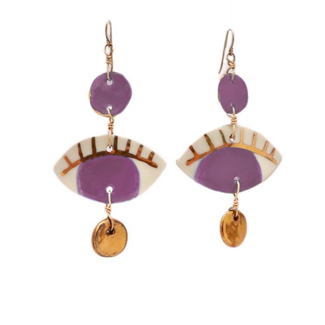 Handcrafted earrings in porcelain, painted in our deep and custom made lilac glaze and with 14k gold leaf detail. Hypoallergenic gold-filled ear wire.  Each piece is hand made so slightly different from each other which gives our jewelry its unique