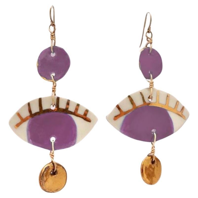 Lilac Occhi Earrings - Handmade porcelain with 14k gold leaf detail For Sale