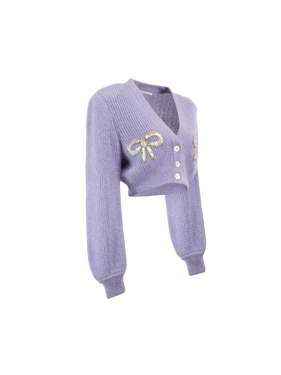 CONDITION is Never worn, with tags. No visible wear to cardigan is evident on this new Alessandra Rich designer resale item. 



Details


Lilac

Wool

Cropped cardigan

Knitted

Front button up closure

Sequinned bow accent

Shoulder