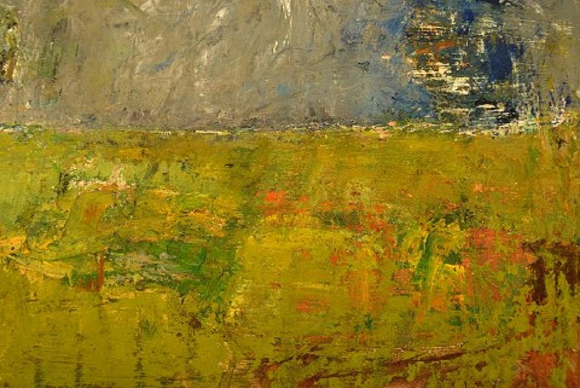 Scandinavian Modern Lili Ege (1913-2004), Danish Painter, Oil on Board, Modernist Landscape, 1976