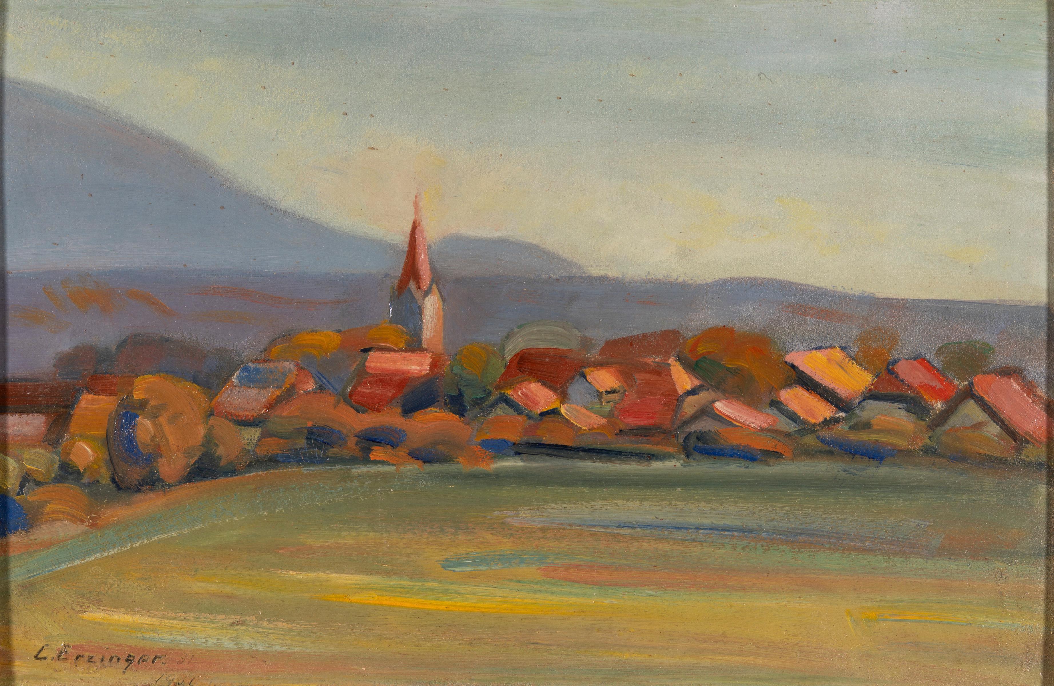 "Automne 1931", Modernist Village Landscape with Church Spire