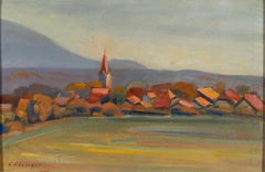 "Otoño de 1931", Paisaje de pueblo modernista con aguja de iglesia