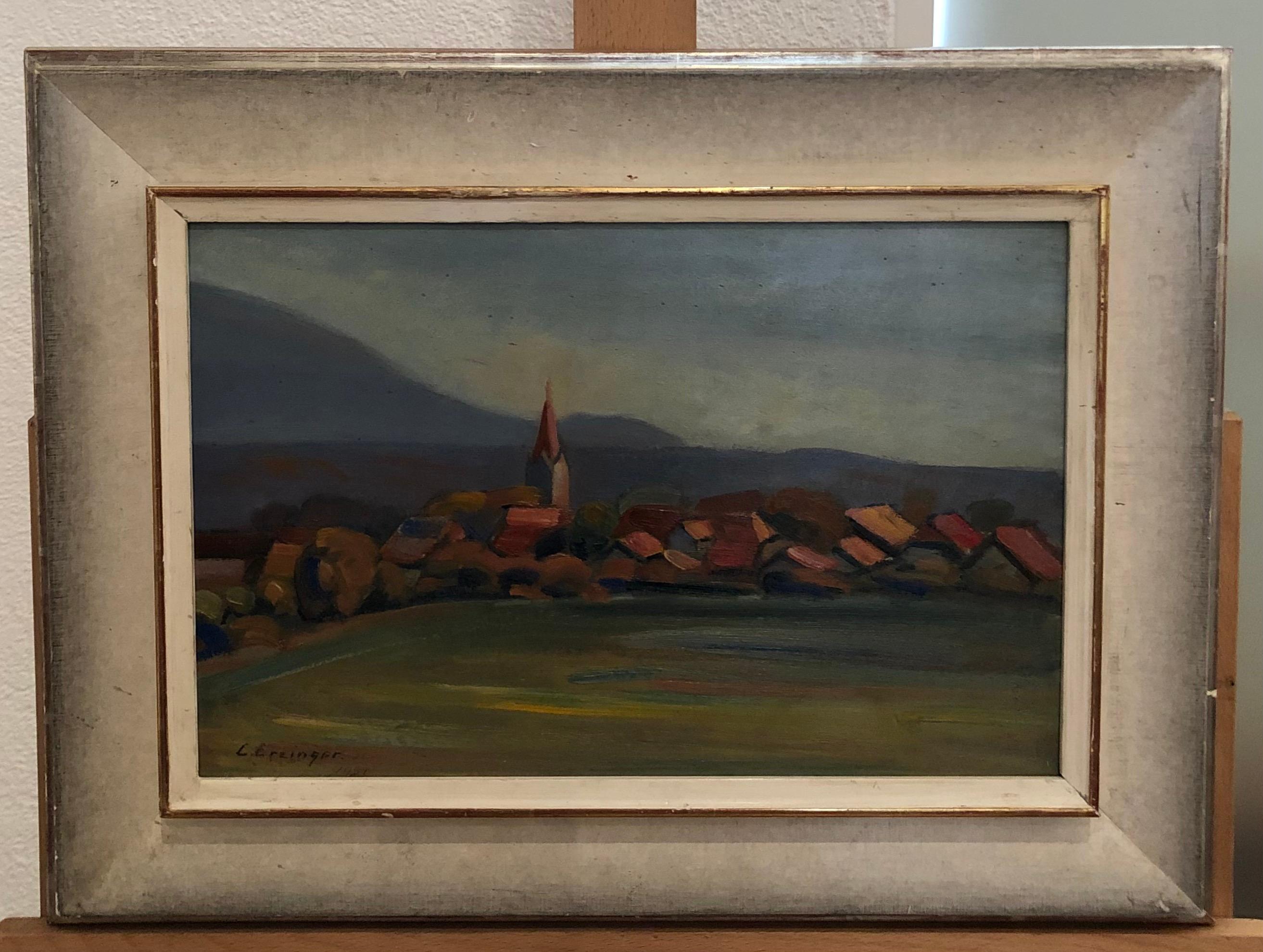 View of a village and its bell tower, Autumn 1931 - Realist Painting by Lili Erzinger