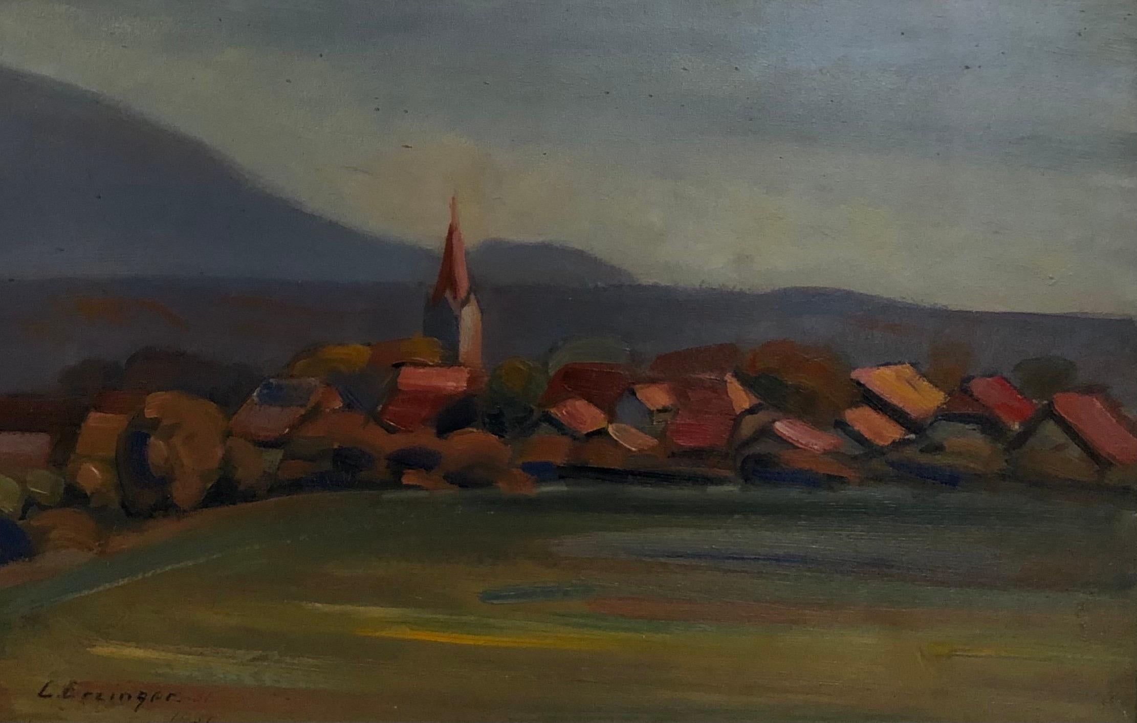 Lili Erzinger Landscape Painting - View of a village and its bell tower, Autumn 1931