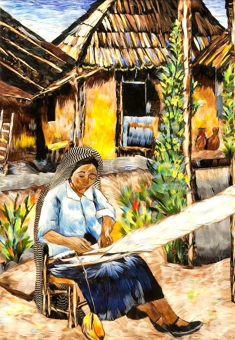 Trabajando En El Telar Mexican Folk Art  - Painting by Lilia Alvarez Gonzalez