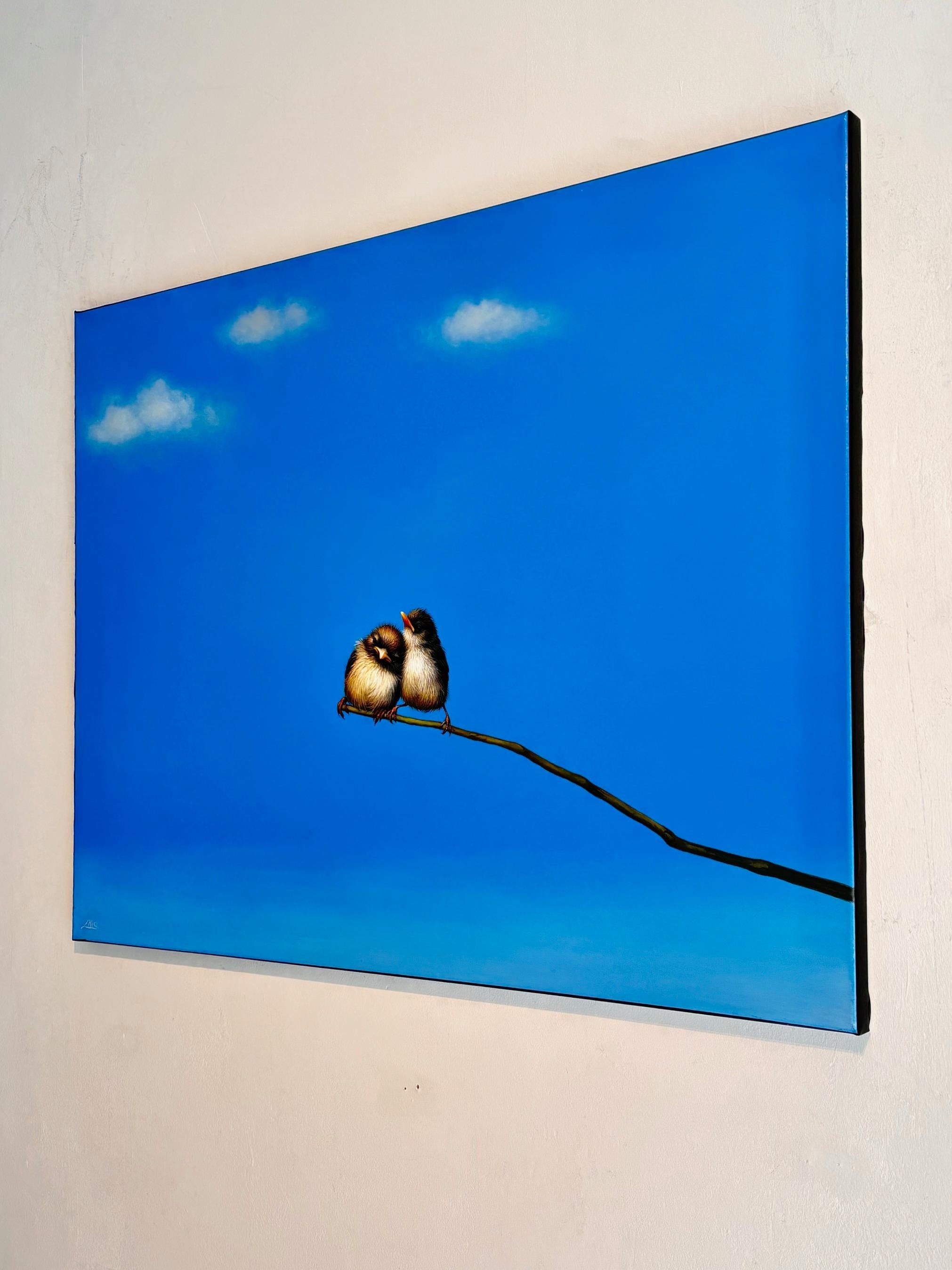 A Quiet Bond - original realist bird oil painting- contemporary skyscape artwork - Blue Animal Painting by Lilia Mazurkevich