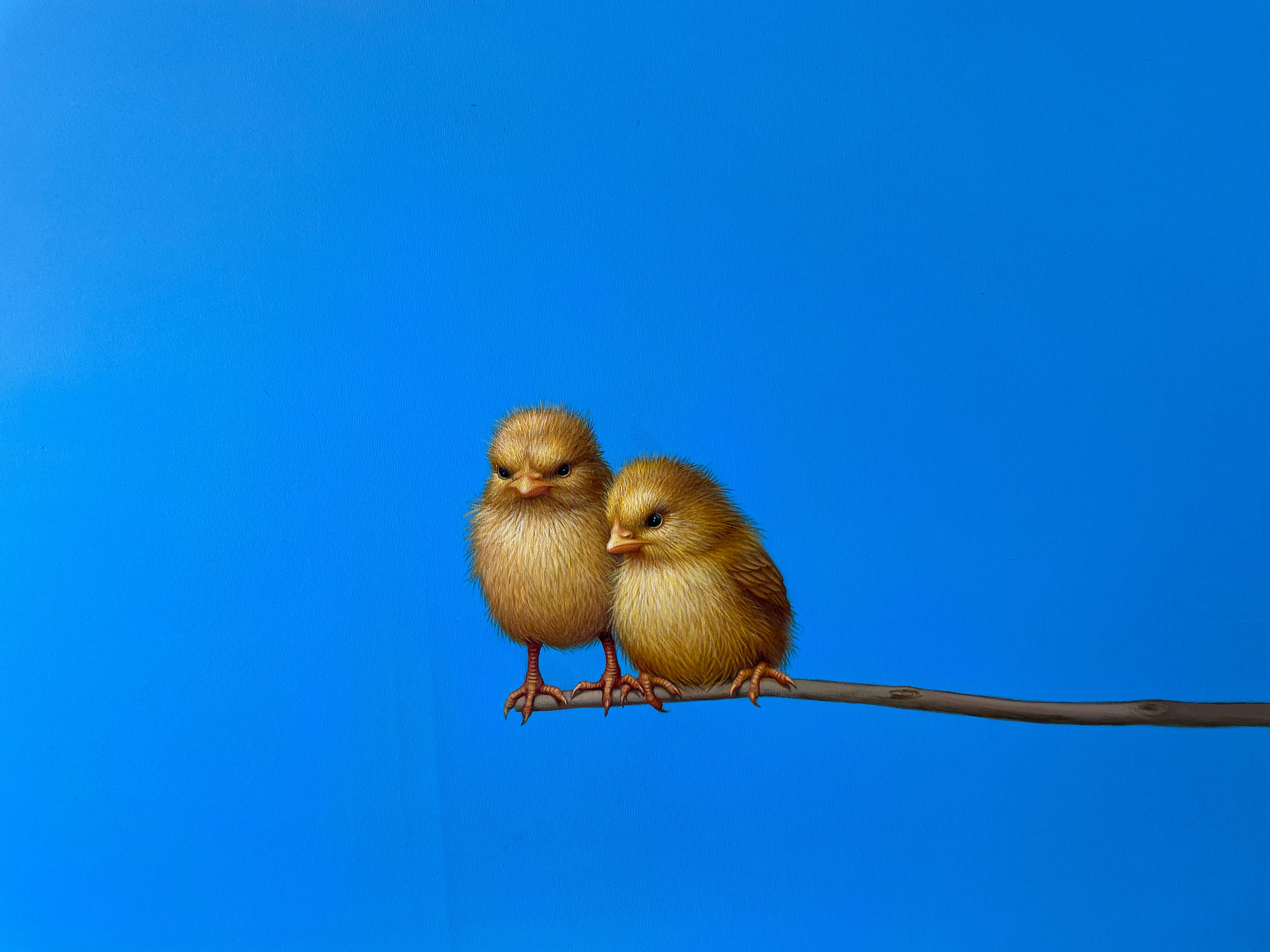 Blue Sky Comfort - original realist bird oil painting- contemporary art - Painting by Lilia Mazurkevich