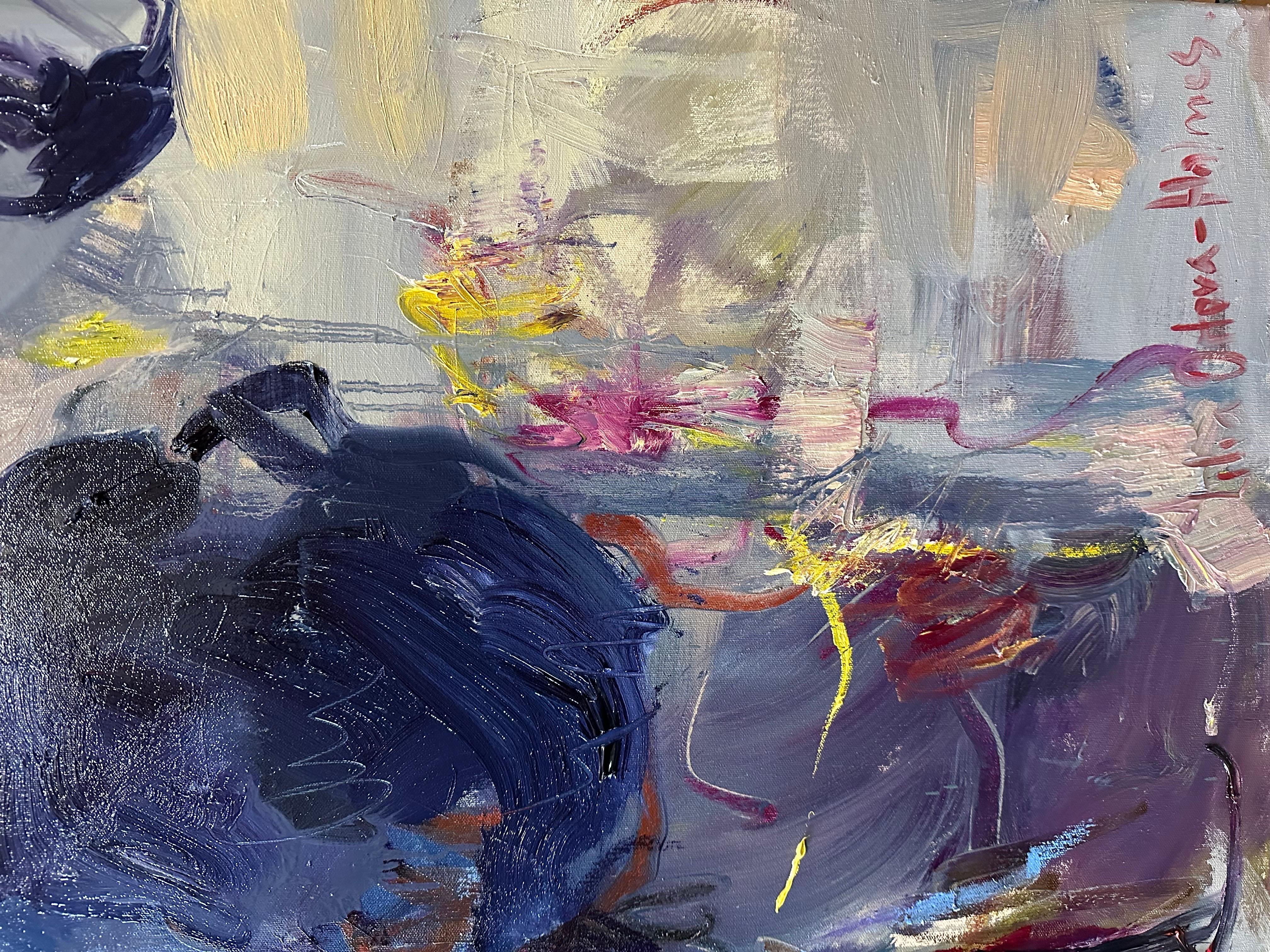 Fleurs abstraites. Bouquet bleu. 2023. Grande peinture à l'huile originale. Prêt à être accroché - Expressionnisme abstrait Painting par Lilia Orlova-Holmes