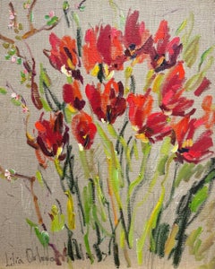 Red tulips. 2023 Spring collection. original oil painting on linen. Floral.