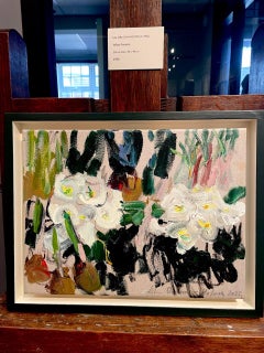 White primulas. 2023 Spring collection. Original oil on linen. Garden. Floral.