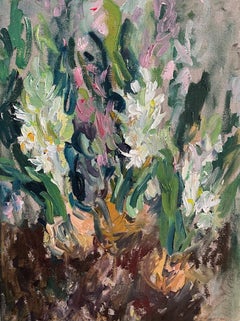 White hyacinths. 2023 Spring collection. Floral. Gargen. Original oil on linen. 