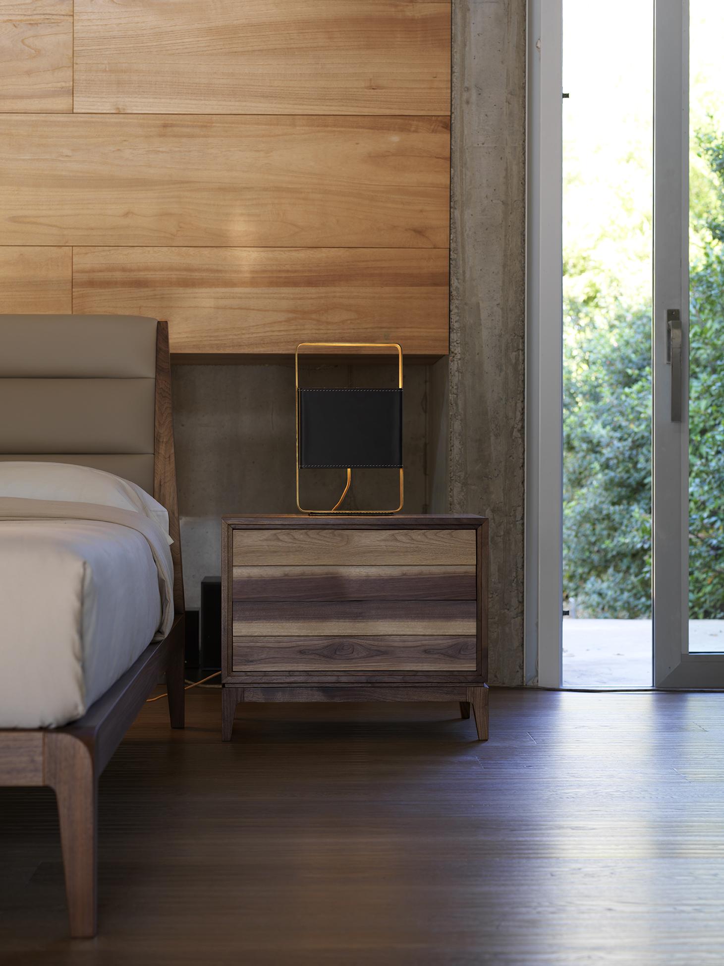 Liliale Bedside Table by Dale Italia
Dimensions: D 42 x W 60 x H 50 cm.
Materials: Walnut.

The walnut veneer blockboard and drawers are made of solid walnut. Available in two different sizes and two finishes: natural and grey walnut. Prices may