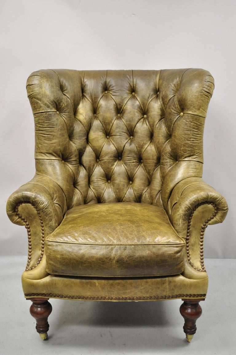 Lilian August Brown Green Leather Tufted Chesterfield Club Lounge Chair