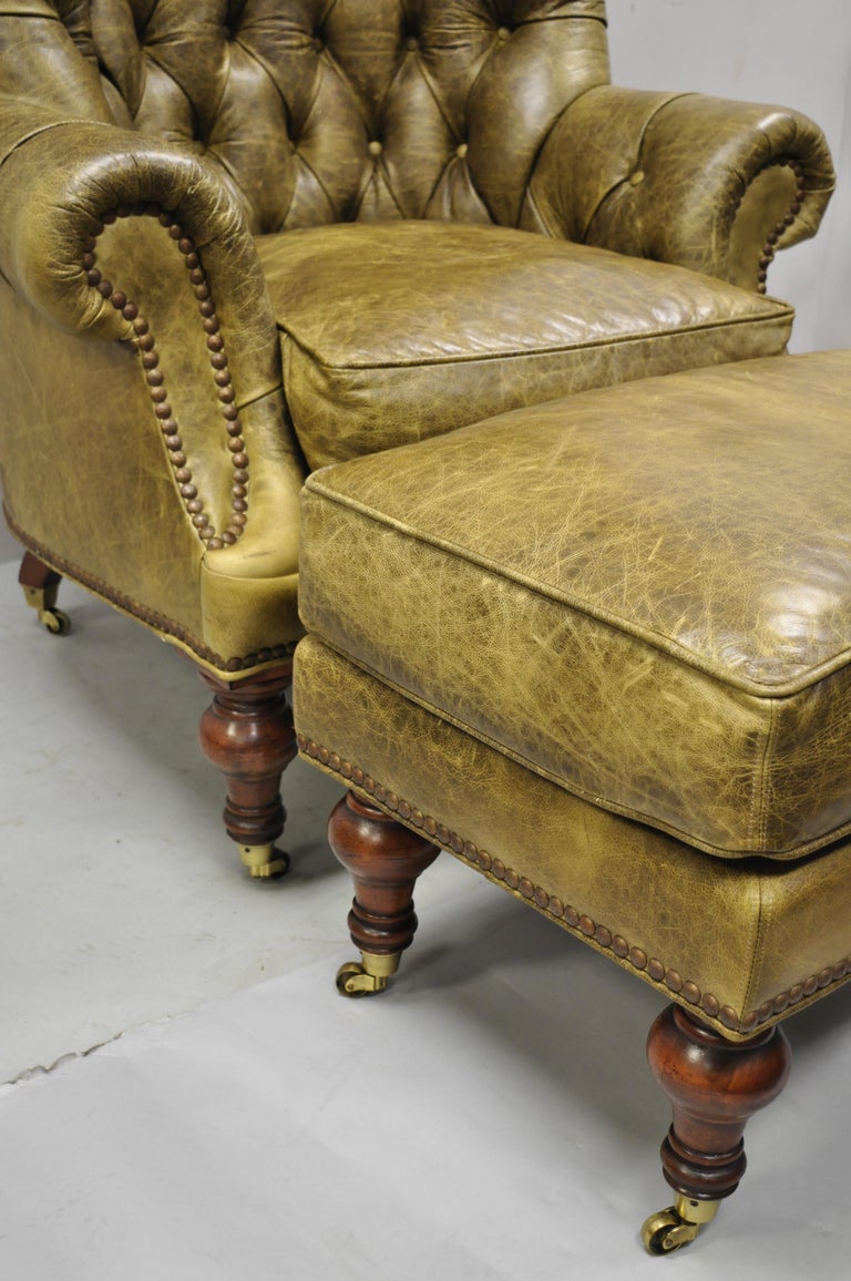 Lilian August Brown Green Leather Tufted Chesterfield Club Lounge Chair