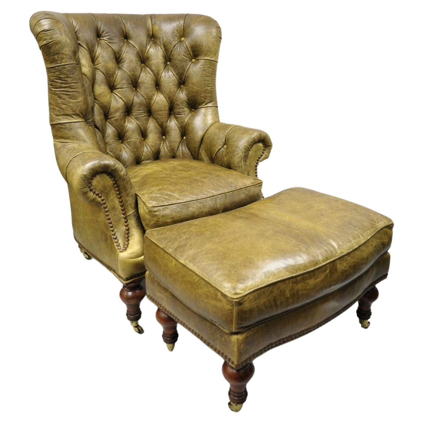 Lilian August - Fauteuil Chesterfield Club Lounge Ottoman en cuir marron et vert. en vente