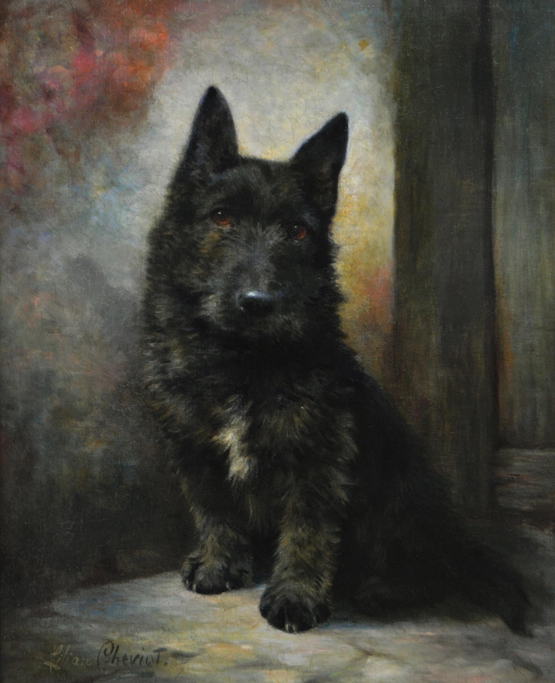 19th Century dog portrait oil painting of a Scottish Terrier  - Painting by Lilian Cheviot