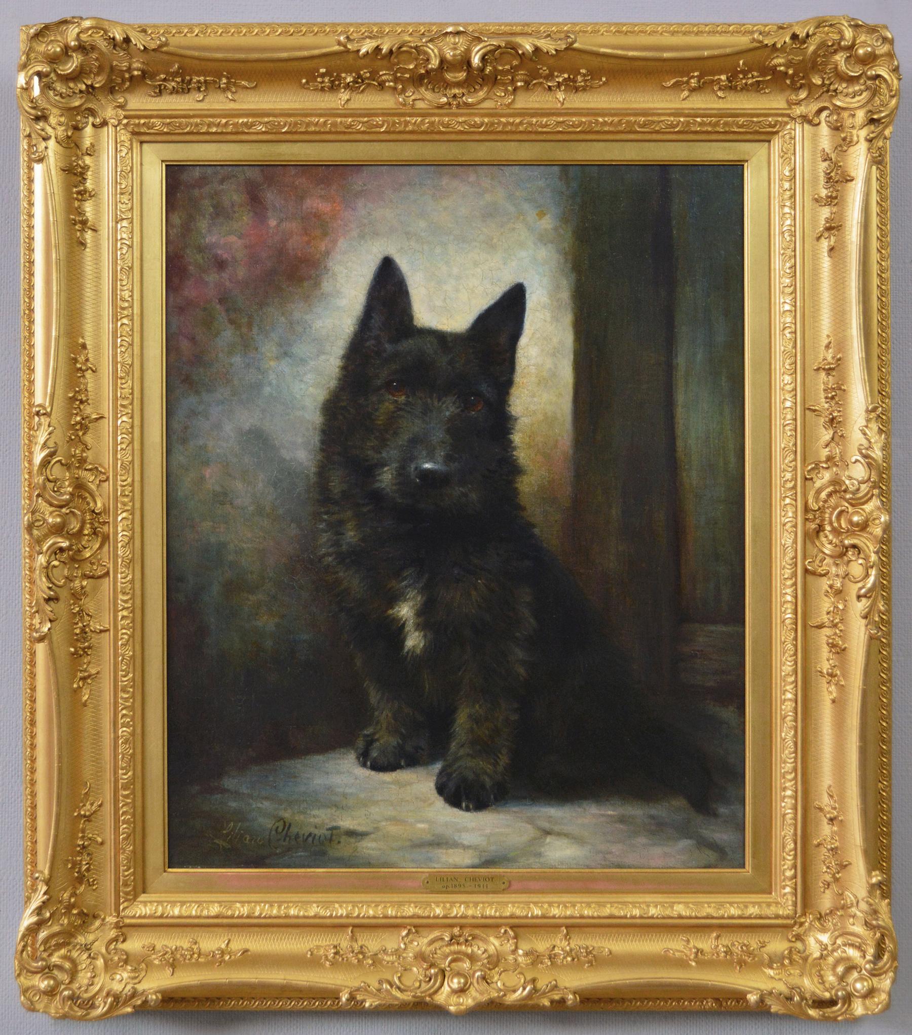 Lilian Cheviot Animal Painting - 19th Century dog portrait oil painting of a Scottish Terrier 