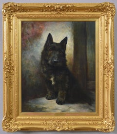 Antique 19th Century dog portrait oil painting of a Scottish Terrier 