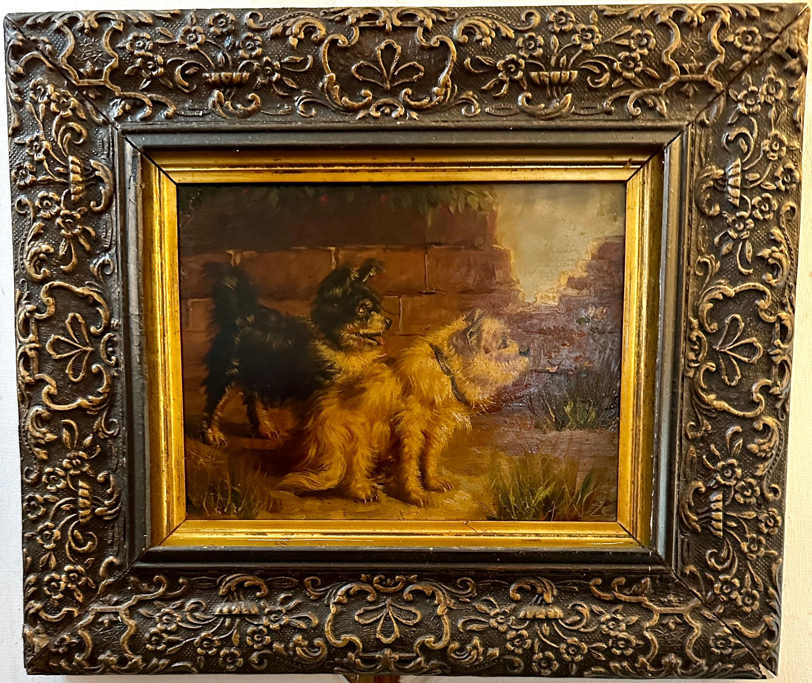 English early 20th century portrait of two dogs, terriers in a landscape