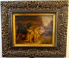 Retro English early 20th century portrait of two dogs, terriers in a landscape