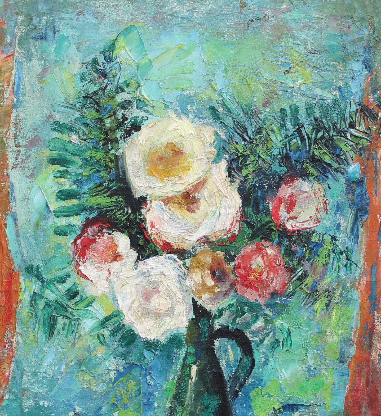 'Bouquet of Flowers in a Pitcher', oil on canvas, by Lilian Whitteker (circa 1960s). This Impressionist bouquet of mixed flowers is a swirl of colour, elegantly posed in a green glass pitcher with a large ear-shaped handle. Next to the bouquet is a
