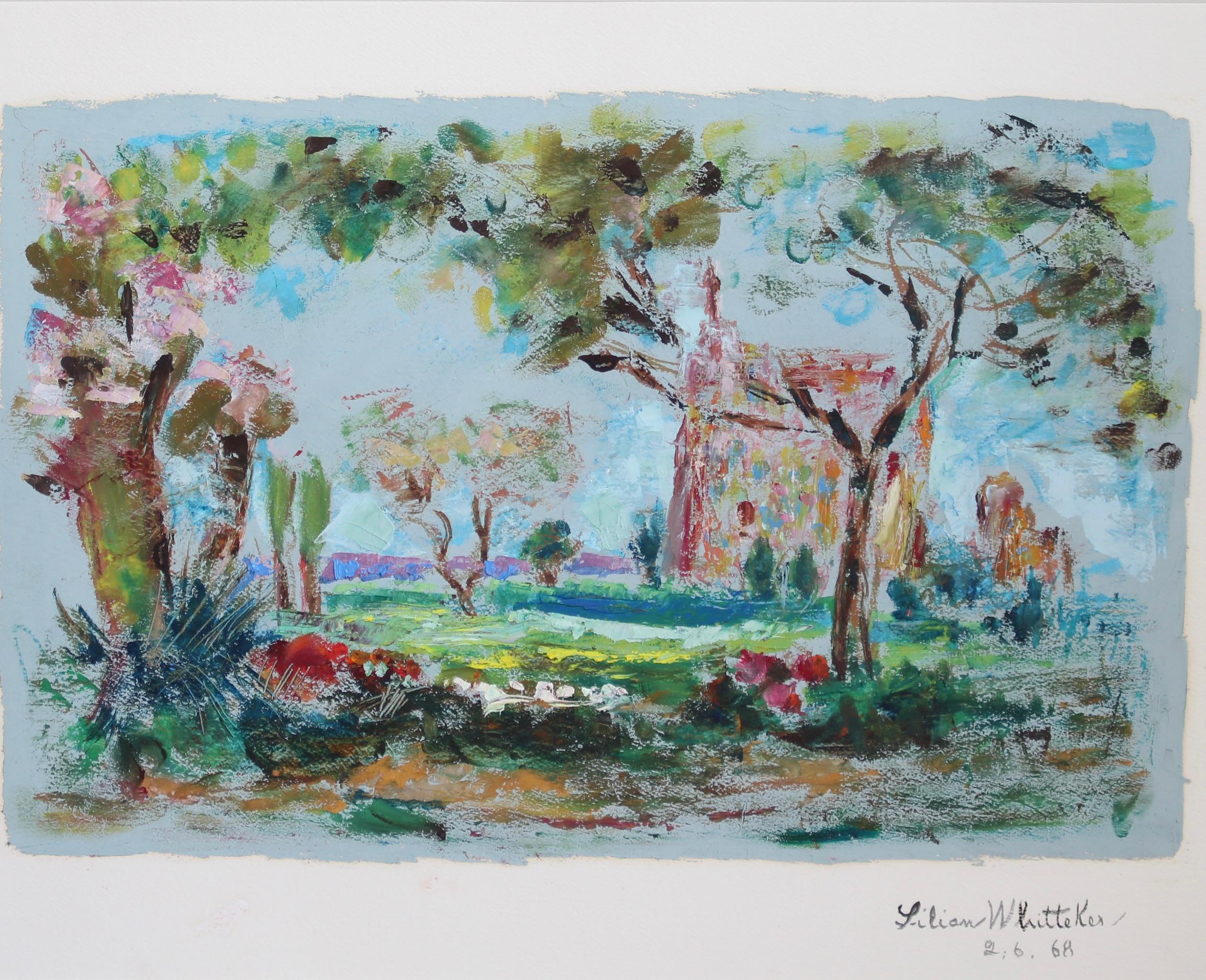 Paysage avec église de Touraine, France - Gris Landscape Painting par Lilian E. Whitteker