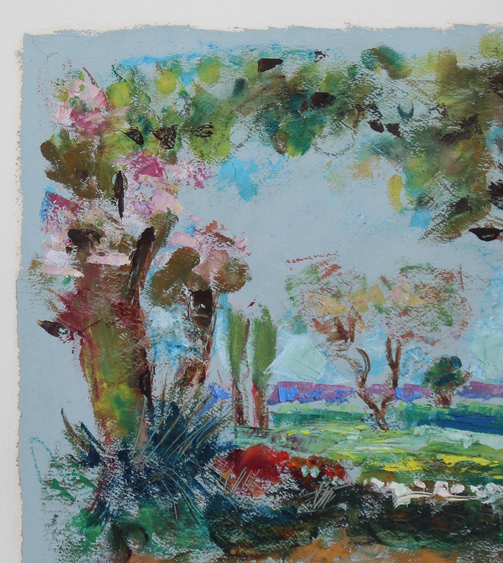 Paysage avec Church's en Touraine, huile sur papier, par Lilian Whitteker (1968). La vallée de la Loire, en France, s'étend sur environ 800 kilomètres carrés. Elle est surnommée le berceau des Français et le jardin de la France en raison de