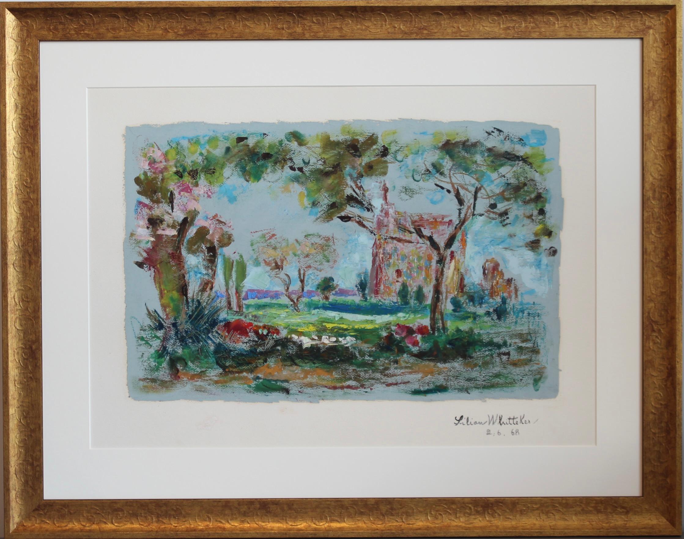 Landscape Painting Lilian E. Whitteker - Paysage avec église de Touraine, France