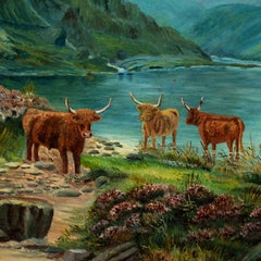 Lilian Harrison (British painter) - 19th century Highland cattle loch landscape