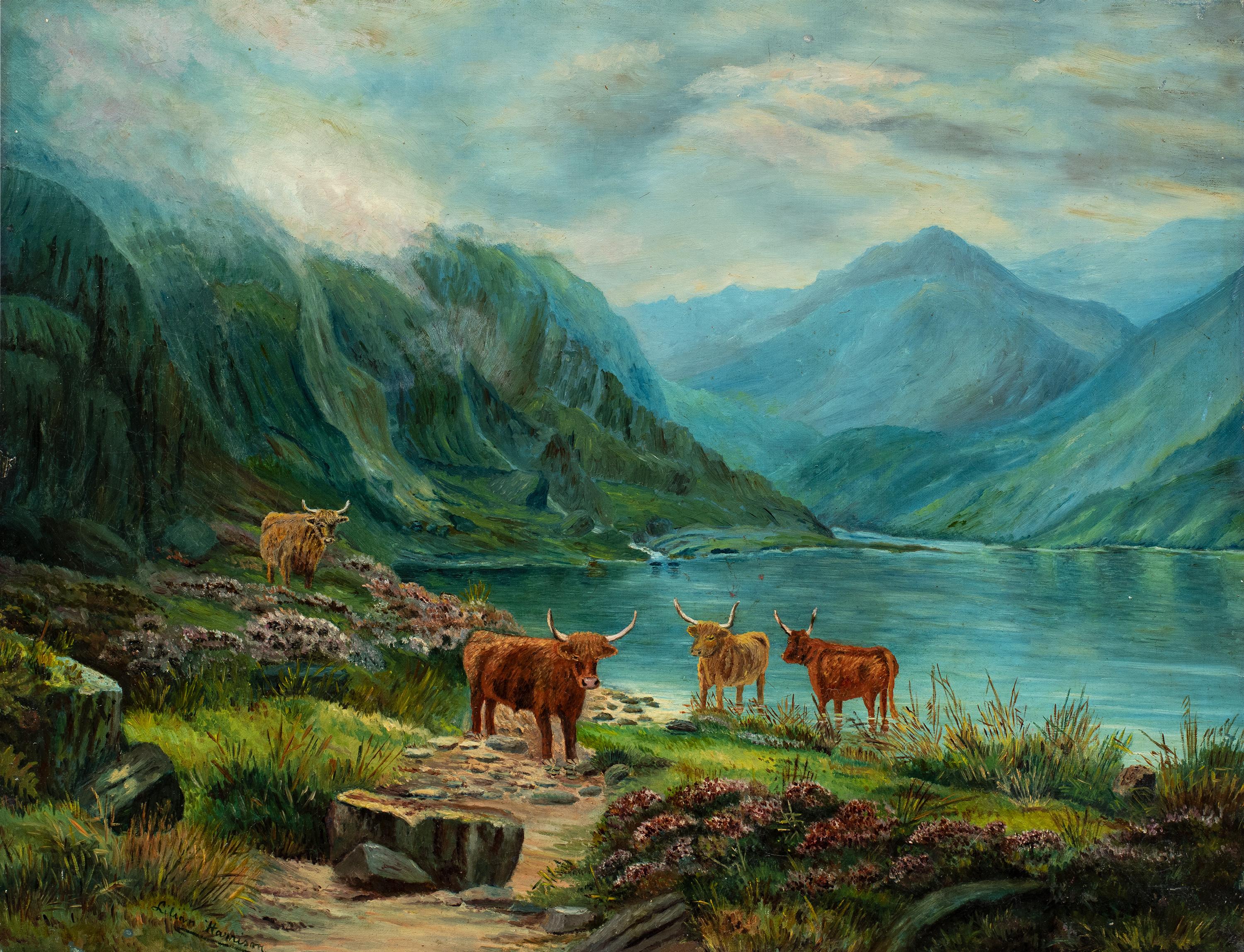 Lilian Harrison (British painter) - 19th century Highland cattle loch landscape