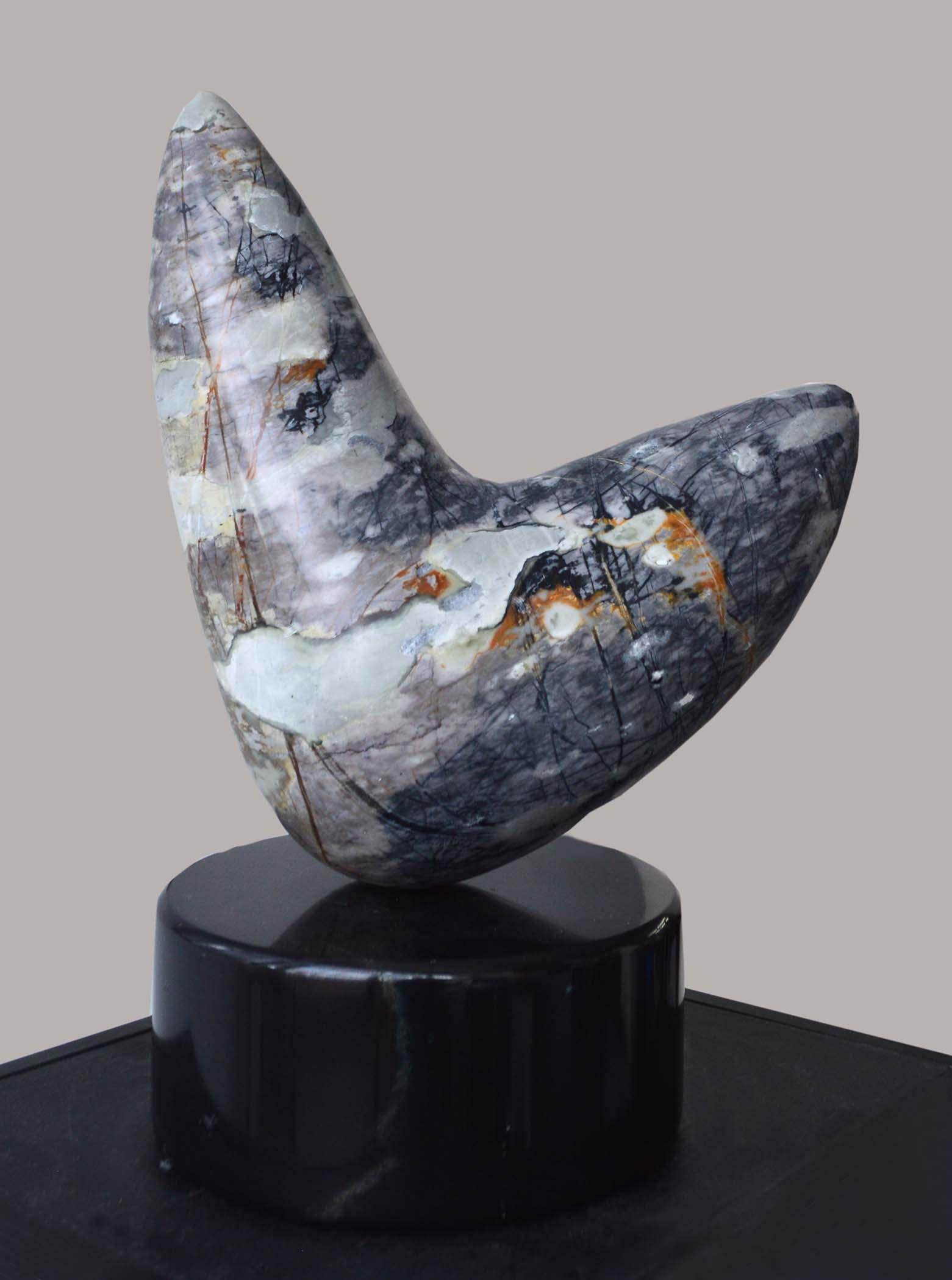 Lilian R Engel Abstract Sculpture - Harlequin, blue and grey abstract marble sculpture with base