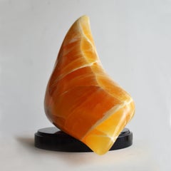 Morning Sun, abstract orange sculpture, calcite on base
