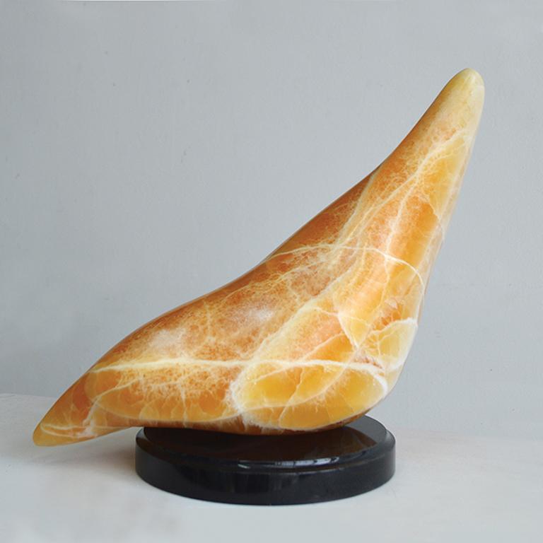 Lilian R Engel Abstract Sculpture - Morning Sun, abstract orange sculpture, calcite on base